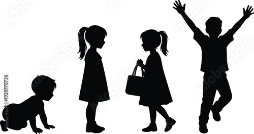 Black Silhouettes of Children Representing Different Growth Stages from Crawling Infant to Happy School Age Boy and Girls on a White Background