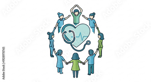 Diverse medical professionals form circle around heart with stethoscope symbolizing healthcare unity and compassion