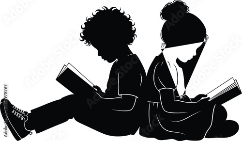 Black silhouette of a young boy and girl sitting back to back and reading books for education and literacy flavector vector