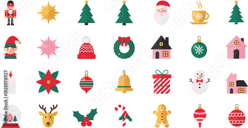 Colorful Flat Christmas Icon Set with Santa Claus Reindeer Nutcracker and Festive Winter Decorations Isolated on White
