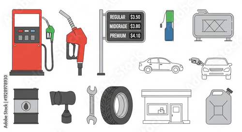 Gas station equipment and car parts, fuel pump and tire, automotive service concept.