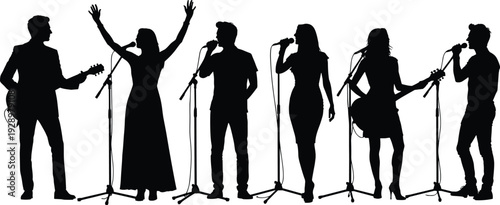 Black silhouettes of diverse male and female singers and musicians performing with microphones and guitars on stage isolated on white background for concert event
