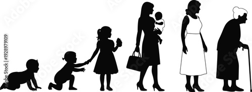 Black silhouette set featuring female life cycle dragon mythical creature artists painting at easels and business people participation flavector vector