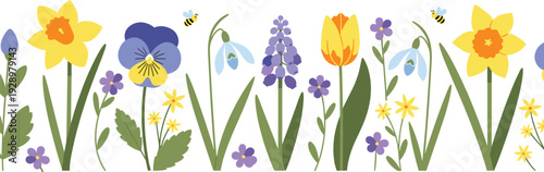 Horizontal Spring Flower Border with Daffodils Tulips and Pansies Vector Illustration Isolated on White Background