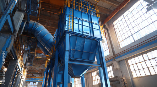 A robust dust collector linked with a metal chute, serving as an example of effective waste management strategies in factories, focusing on dust removal and maintaining a hygienic work environment.