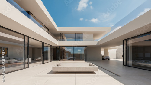 Modern White Home With Glass Walls And Car Parked Outside For Luxury Real Estate And Architectural Design Concept