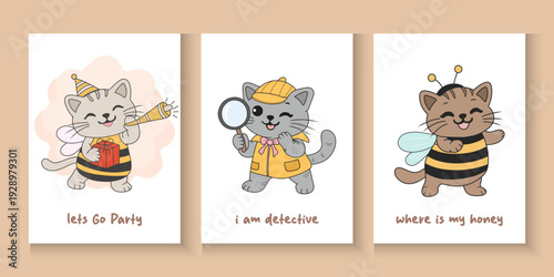 set of cute cat animal character for  kid printable stuff and t shirt, greeting card background. funny kitten set. Happy international cat day characters collection with flat color in different poses