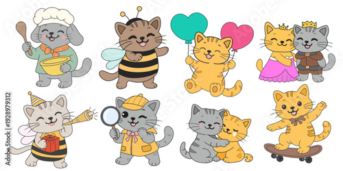set of cute cat animal character for  kid printable stuff and t shirt, greeting card background. funny kitten set. Happy international cat day characters collection with flat color in different poses