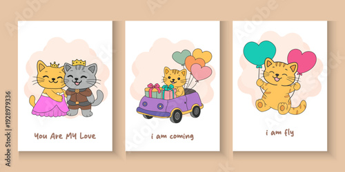 set of cute cat animal character for  kid printable stuff and t shirt, greeting card background. funny kitten set. Happy international cat day characters collection with flat color in different poses