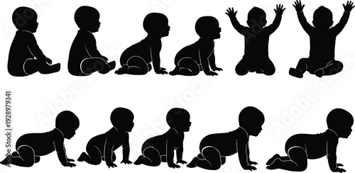 Black silhouette set of baby development stages showing infant sitting crawling and raising hands isolated on a white background vector