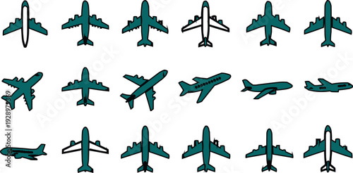 A grid layout featuring airplane icons is presented, with each icon depicted in different orientations, adding a sense of dynamism and movement to the overall design.