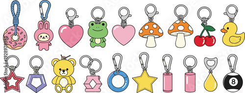 Cute Keychain Accessory Vector Set with Kawaii Animals Heart Mushroom and Donut Charms Isolated on White Background