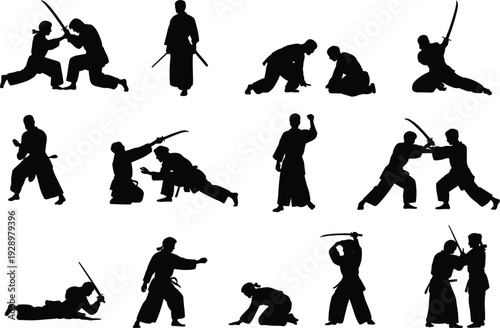 Silhouettes of martial artists practicing combat techniques with swords on white Keywords: martial arts, silhouette, combat