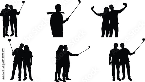 Black silhouette set of diverse couples and individuals taking selfies using smartphones and selfie sticks isolated on a white background vector