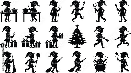 Christmas Elf Silhouette Collection Featuring Festive Magical Characters Cooking Wrapping Gifts Flying on Brooms and Decorating Holiday Trees for Seasonal Vector Graphic Design ProjectsChristmas Elf 