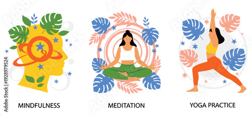 Mindfulness Meditation and Yoga Practice Vector Illustration Set with Woman Exercising and Mental Health Wellness Concepts