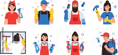 Professional Cleaning Service Character Set with Workers Holding Spray Bottles and Equipment Isolated on White