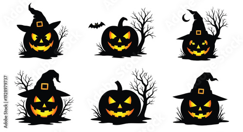 Halloween pumpkin silhouettes set with glowing jack-o'-lantern faces, witch hats, bats, moon and spooky trees on white featuring jackolantern, scary, horror with silhouette and black silhouette