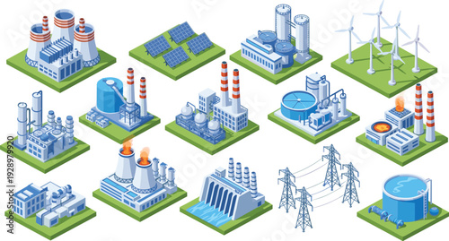 Isometric Industrial Energy Infrastructure Set with Power Plants Solar Panels Wind Turbines and Hydroelectric Dam Isolated on White