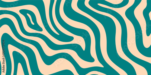 Abstract teal and cream background with flowing swirl patterns and soft organic curves, delivering a vintage retro feel ideal for contemporary graphic design and artistic layouts.