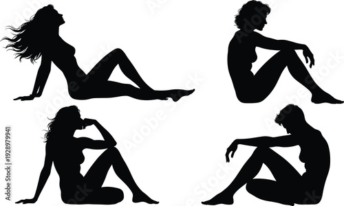 Collection of elegant female silhouettes sitting in various contemplative poses featuring long hair and graceful body lines isolated on white background for artistic design projects