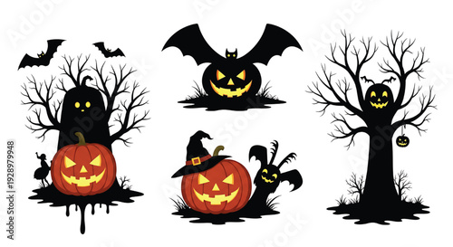 Halloween vector set of spooky pumpkins, bats, haunted trees and ghost silhouettes for autumn party invitations and posters featuring pumpkin, jack o lantern, scary with bat and witch hat elements