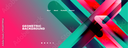 Modern website header design. Vibrant geometric shapes, text elements present. Clean layout, professional aesthetic.