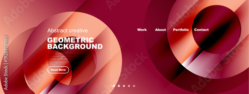 Modern website header design. Pink, red gradients dominate. Geometric shapes, text elements present. Navigation menu visible. Clean, stylish aesthetic.