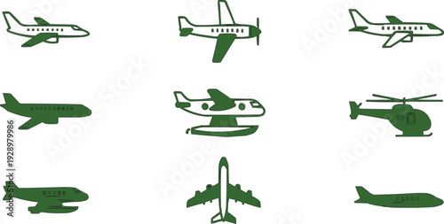 A collection of nine green airplane icons arranged in a format is shown. Each icon represents a different type of aircraft, including a jet, a propeller plane, a seaplane, and a helicopter. 