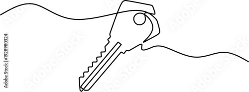 One line drawing of a modern house key with continuous wave line for security concept