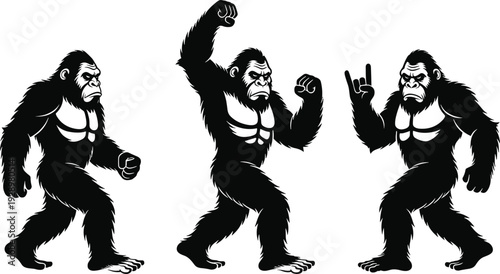 Powerful Gorilla Mascot Vector Set Featuring Aggressive Chest Beating Pose Walking Stance and Rock On Hand Gesture Isolated on White Background for Sports Branding