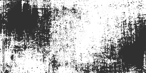 An abstract black ink grunge vector background featuring a vintage floral silhouette pattern with paint splatters, dirty textures, and a decorative border frame