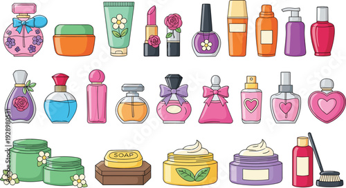 Cosmetics and Skincare Product Collection with Perfume Bottles Beauty Cream Face Wash and Lipstick Isolated on White