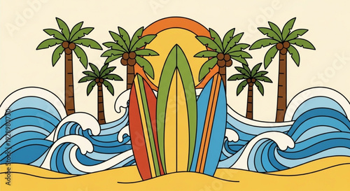 Retro Surf Beach Palm Trees Ocean Waves Surfboards Summer Vacation Tropical Beach Scene Illustration