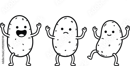 Set of three cute cartoon potato characters with different emotions and poses including happy sad and dancing isolated on white background vector illustration