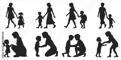 Silhouette Collection of Mothers and Children Interacting and Walking Keywords: mother, child, children, family, silhouette