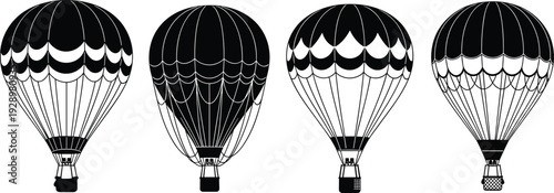 Hot air balloon silhouettes set vintage aviation travel adventure aerostat flight vector illustration isolated on white background collection