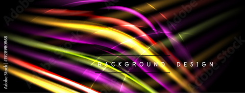 Abstract vibrant lines create dynamic background. Colors blend, forming modern design with glowing effects. Dark space emphasizes luminosity.