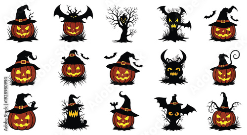 Halloween pumpkin and spooky silhouette set with witch hats, bats and haunted trees, isolated vector icons for party design featuring jack o lantern, jackolantern, scary with horror and dead tree