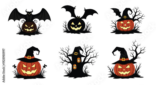 Halloween jack-o-lantern icon set with bats, witch hats and spooky trees, cartoon silhouettes for party designs featuring pumpkin, carved pumpkin, barren tree with silhouette and bat elements for