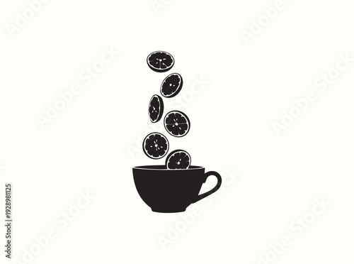 Stylized vector of a hot beverage cup with dropping lemon wedges and motion effects