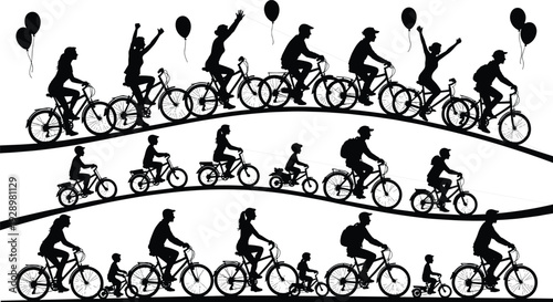 Silhouette of diverse people and children riding bicycles and bikes on hilly paths with balloons, outdoor family cycling activity and active healthy lifestyle vector.
