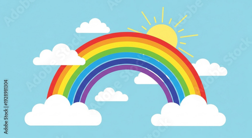 Colorful Rainbow with Sun and Fluffy Clouds Blue Sky Weather Hope Happiness Children Illustration