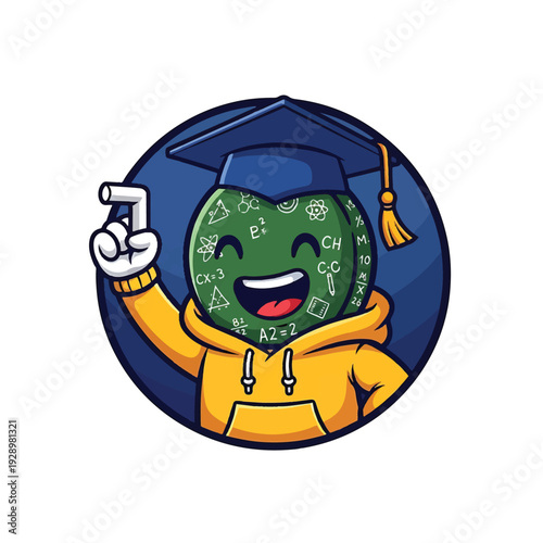 Green globe character in graduation cap and hoodie giving thumbs up