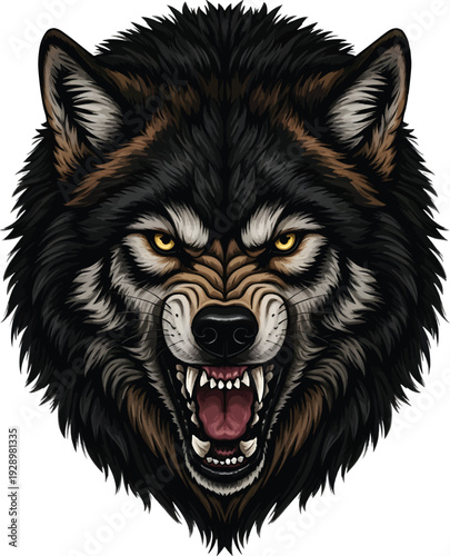 Aggressive wolf head snarling with sharp fangs and yellow eyes isolated on white background