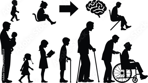 Vector silhouette illustration depicting the human life cycle from childhood to old age, focusing on aging process, healthcare needs, elderly care, and mental health decline.
