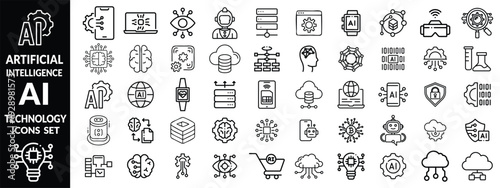 Artificial intelligence set of web icons in line style. AI technology icons for web and mobile app. Machine learning, digital AI technology, algorithm, smart robotic, cloud computing network