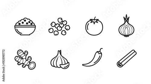 Various Ingredients Icons Set: Tomato Onion Garlic Ginger Pepper Cinnamon Peas Bowl of Rice