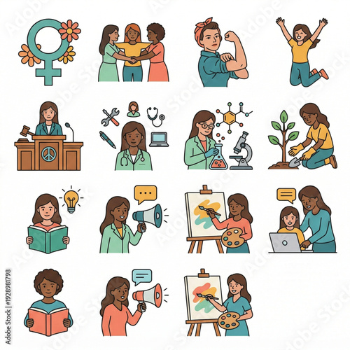 Diverse women's hands joined in circle sisterhood flat icon