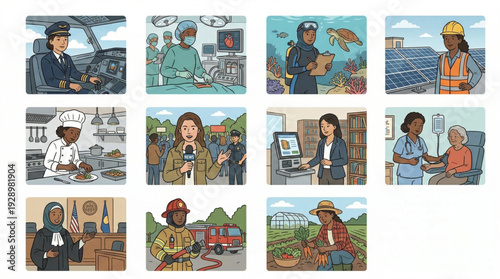 Women Essential Workers and Healthcare Professionals Icon Set Illustration